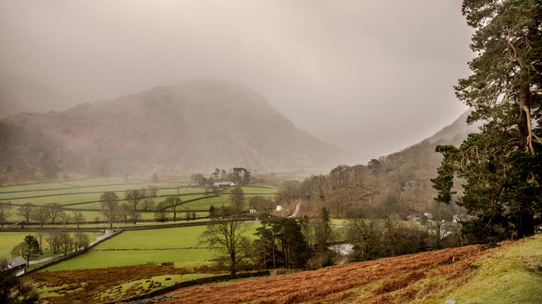 A view of the Seathwaite Valley in Borrowdale on a wet day in winter.